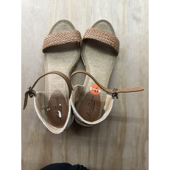 Lucky Brand Wedge Jute Heels Womens 9.5 Tan Leather Strap Open Toe Boho Natural - Picture 1 of 5